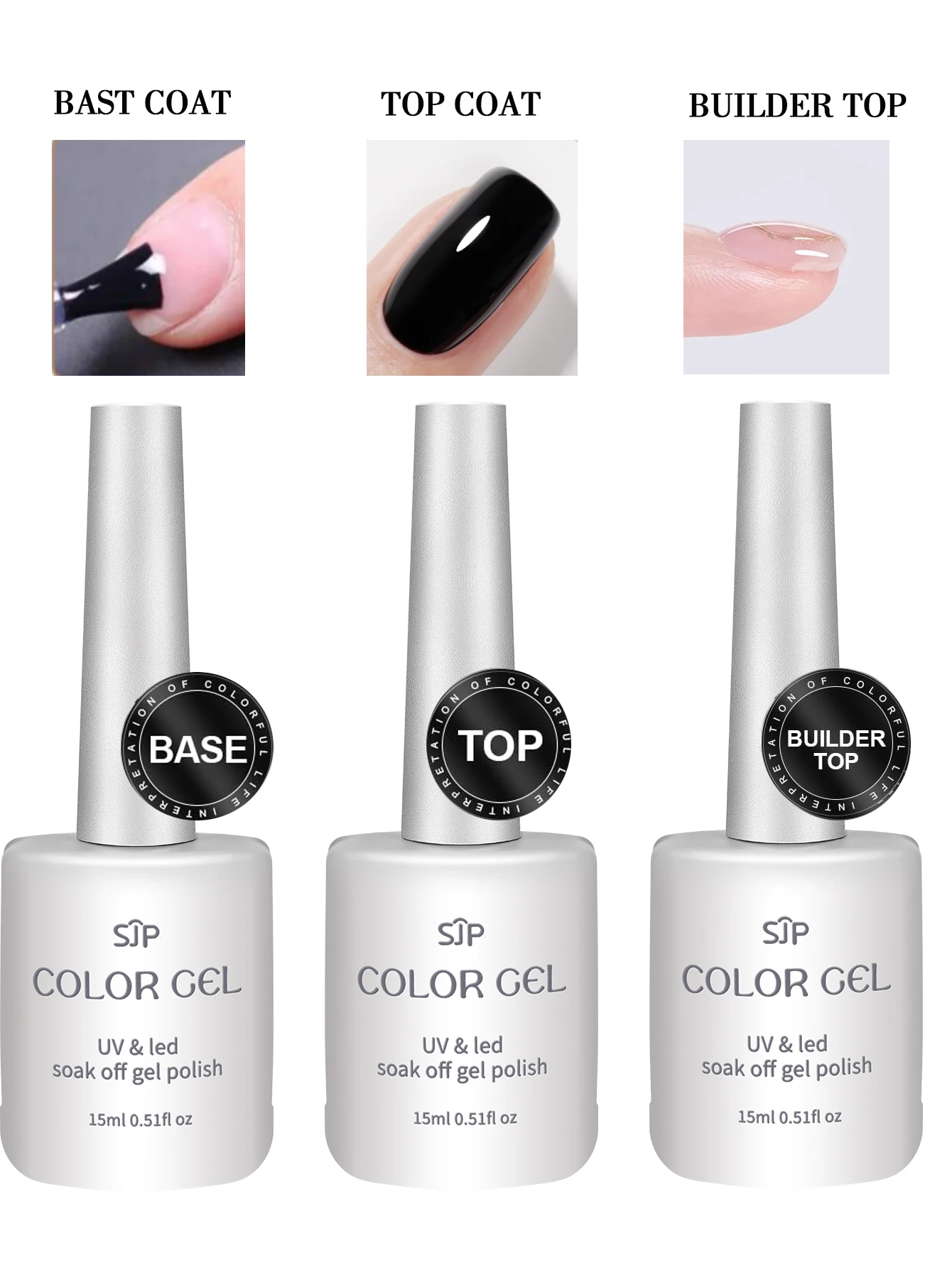 SJP Gel Top Coat set , Gel Booster and Base Coat, 1 PCS 15ML No Wipe Shiny Clear Combination for UV Light Curing Gel Nail Polish