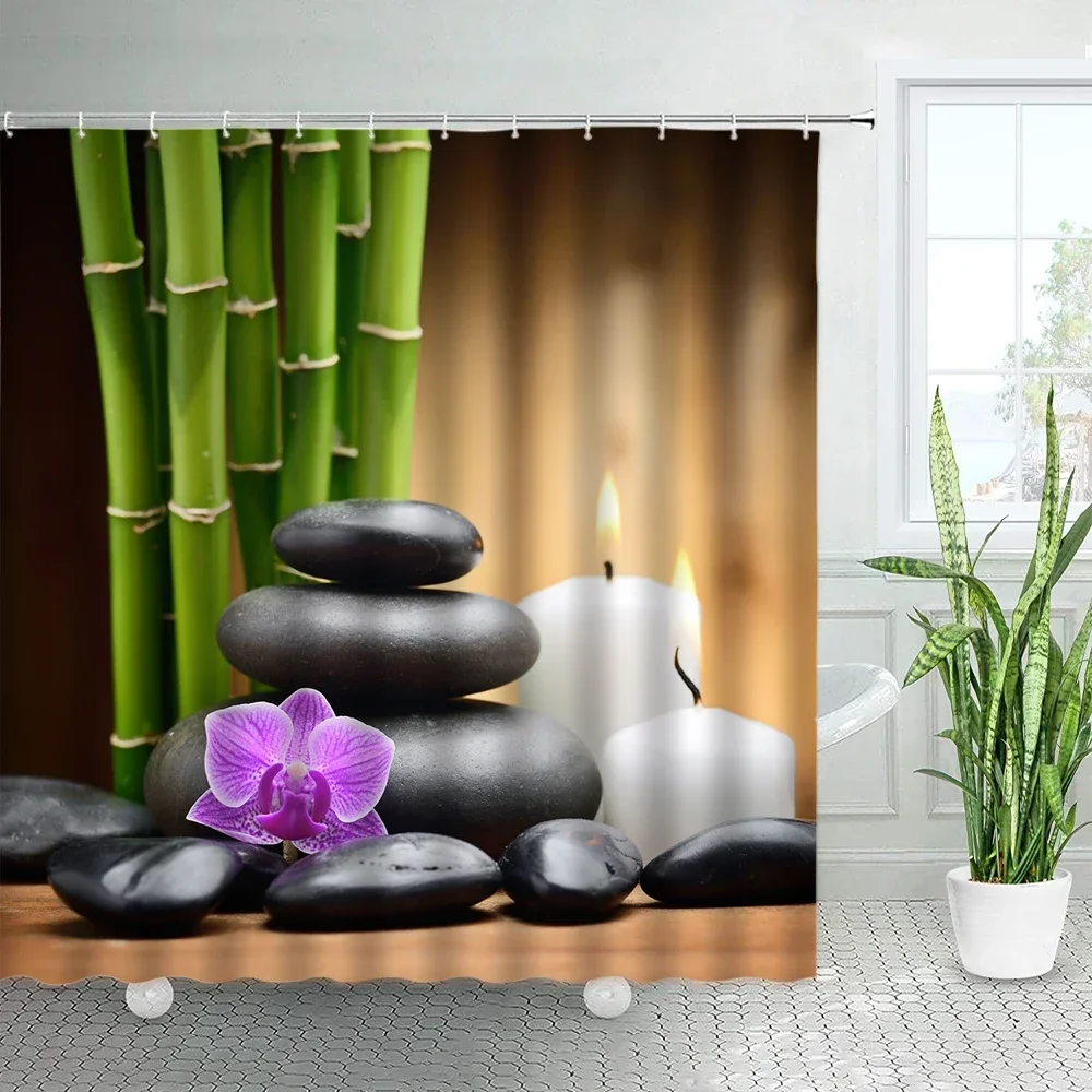 Pink Flower Stone Green Bamboo Zen Shower Curtains White Orchid Candle Spa Japanese Garden Landscape Bath Curtain Bathroom Decor