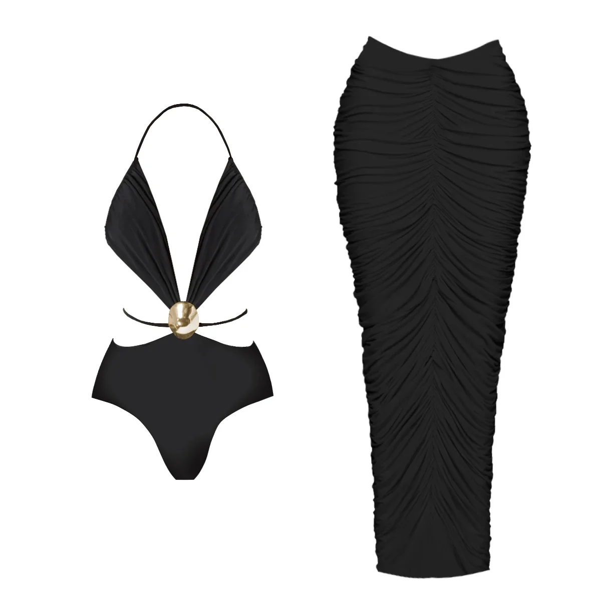 

2025 New Fashionable Black Bikini Set with Gold Accent and Ruched Skirt Perfect for Beach Wear and Pool Parties Summer Beachwear