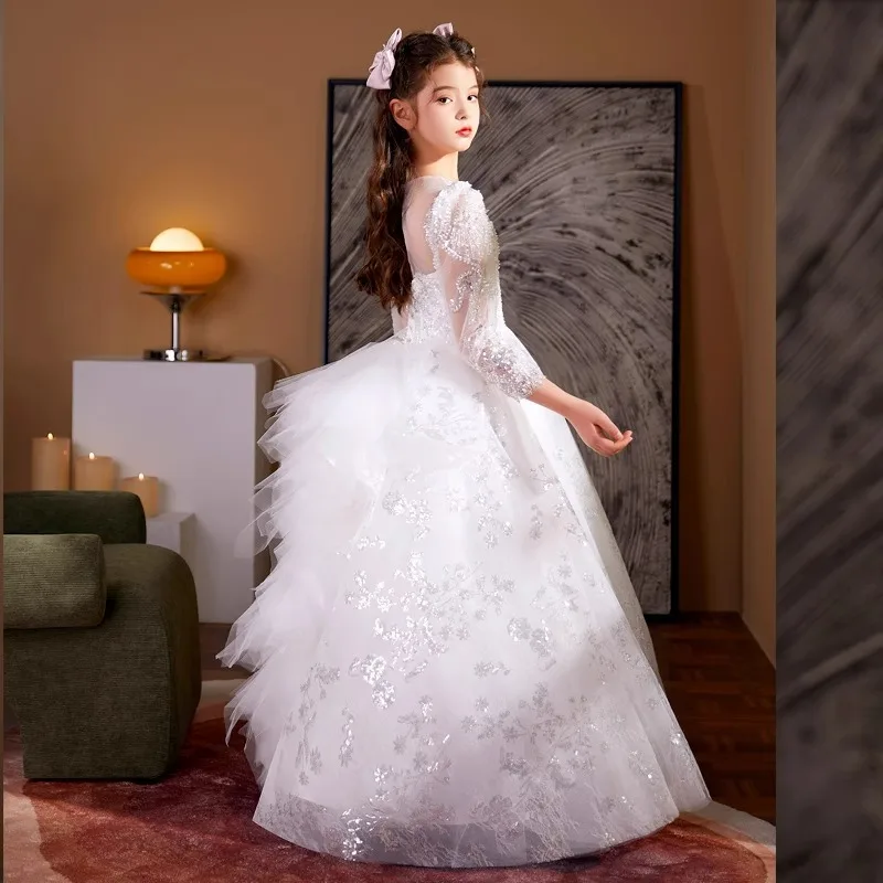 2024 Children Elegant White Princess Dress for Girl Round Neck Kids Wedding Dresses Girls Bridesmaid Costume Teenager Ball Gown