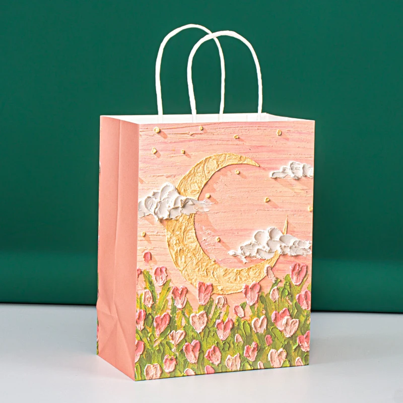 4Pcs Flower Gift Pakcaging Bag Creative Oil Painting Portable Gift Bag Holiday Gifts Kraft Paper Gift Bag Party Supplies