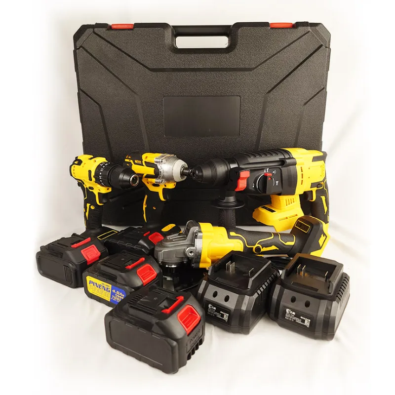 

Factory Power Set 4pcs Portable Lithium Battery Electric Cordless Drill Power Hammer Angle Grinder Power Tool Combo Kit