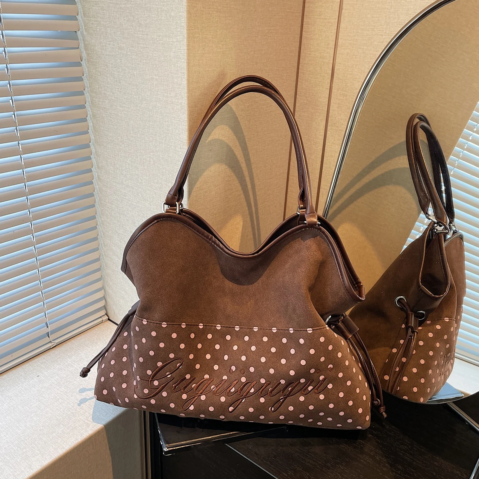 

Women Faux Suede Handbags Polka Dot Underarm Bag for Work Shopping Travel Daily