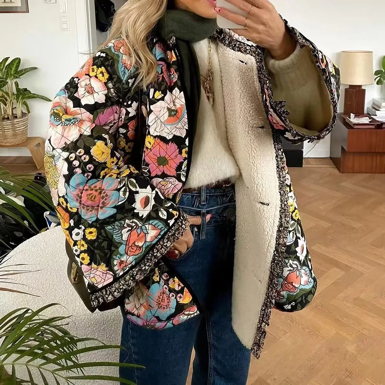 Autumn Vintage Flower Print Faux Cashmere Cotton-Padded Coat For Women Thick Warm Trumpet Sleeve Outwear Loose Winter Parkas