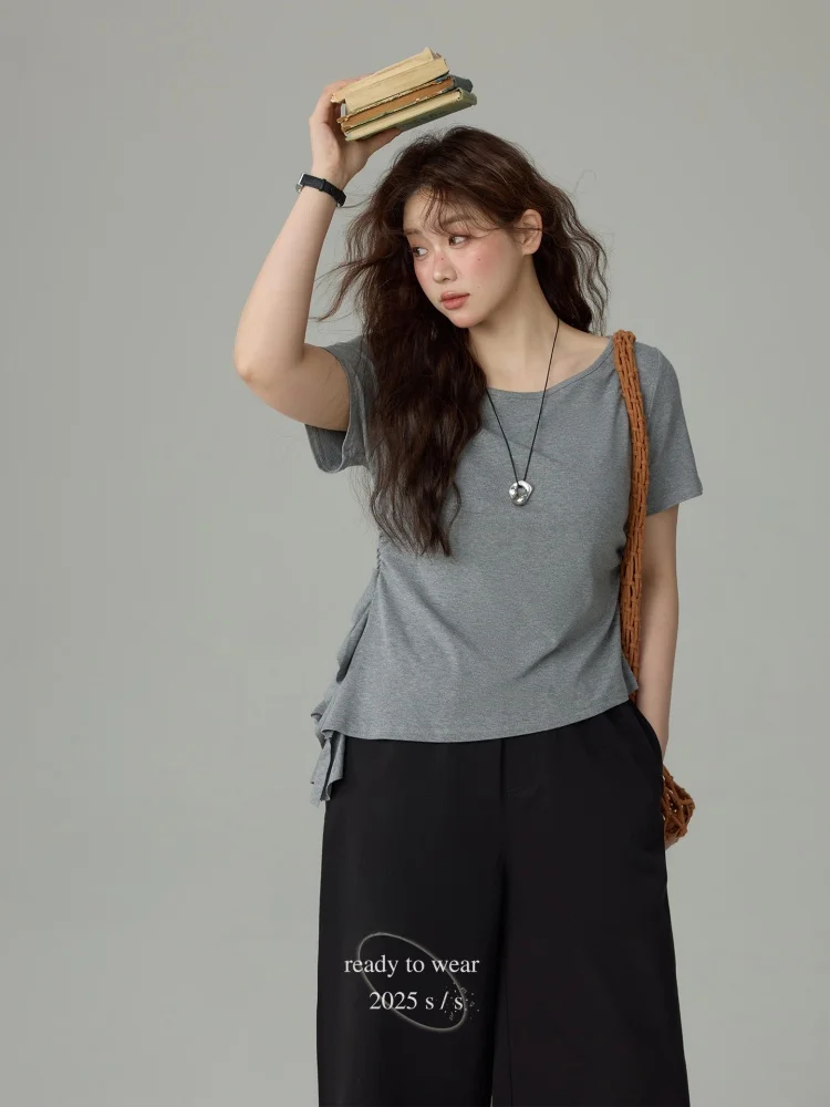 

plus Size Women's Black Asymmetric Short Sleeve Slim Fit T-Shirt Korean Style Commute Cotton Summer Top High Waist Design