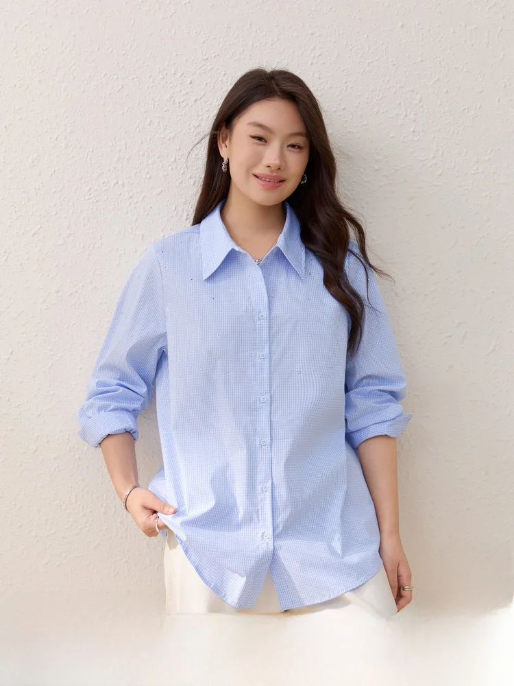 

Heavy Du Rhinestone Commute irt Spring Collection Plaid Women's plus Size Faion Korean Sle Long Sve Button up