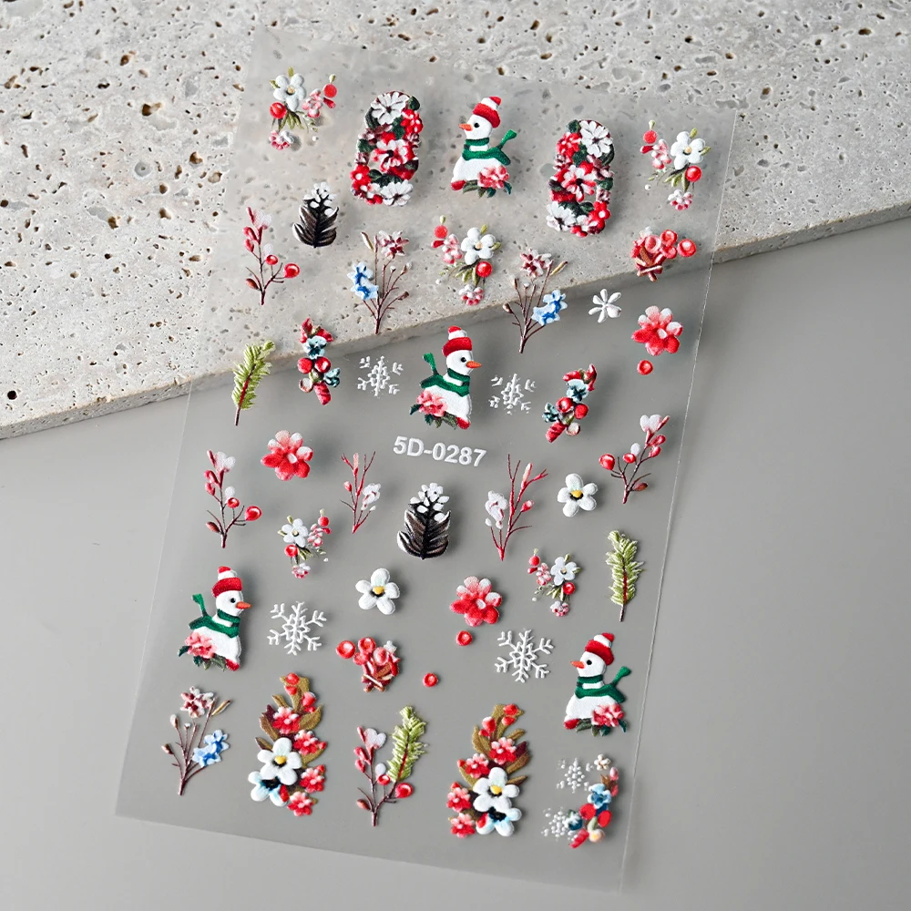 1Pc 5D In Rilievo Pupazzo di Neve Adesivo Per Unghie Di Natale Fiori Rossi Pupazzo di Neve Autoadesivi Cursori Capodanno Decalcomanie Decorazione Del Manicure