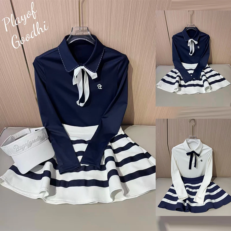

PL Women's Golf Wear Autumn New Bow Polo Shirt Golf Long Sleeve Tops Ladies Striped A-lined Tennis Skirts High Wasit Slim Skorts