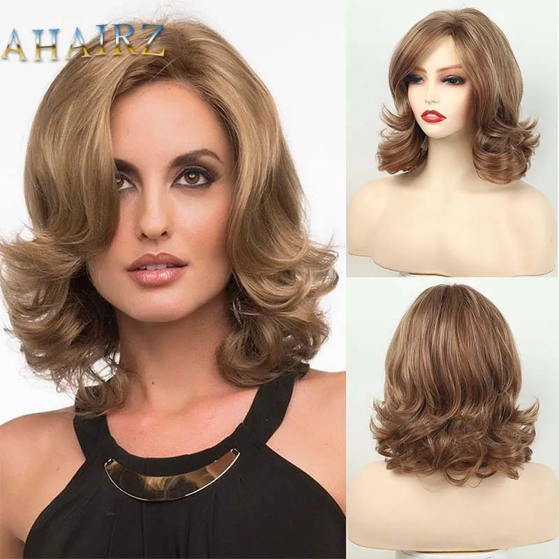 

Short Curly Wave Brown Wig for Women Daily Wear Synthetic Layered Brown Hair Wigs with Side Bangs