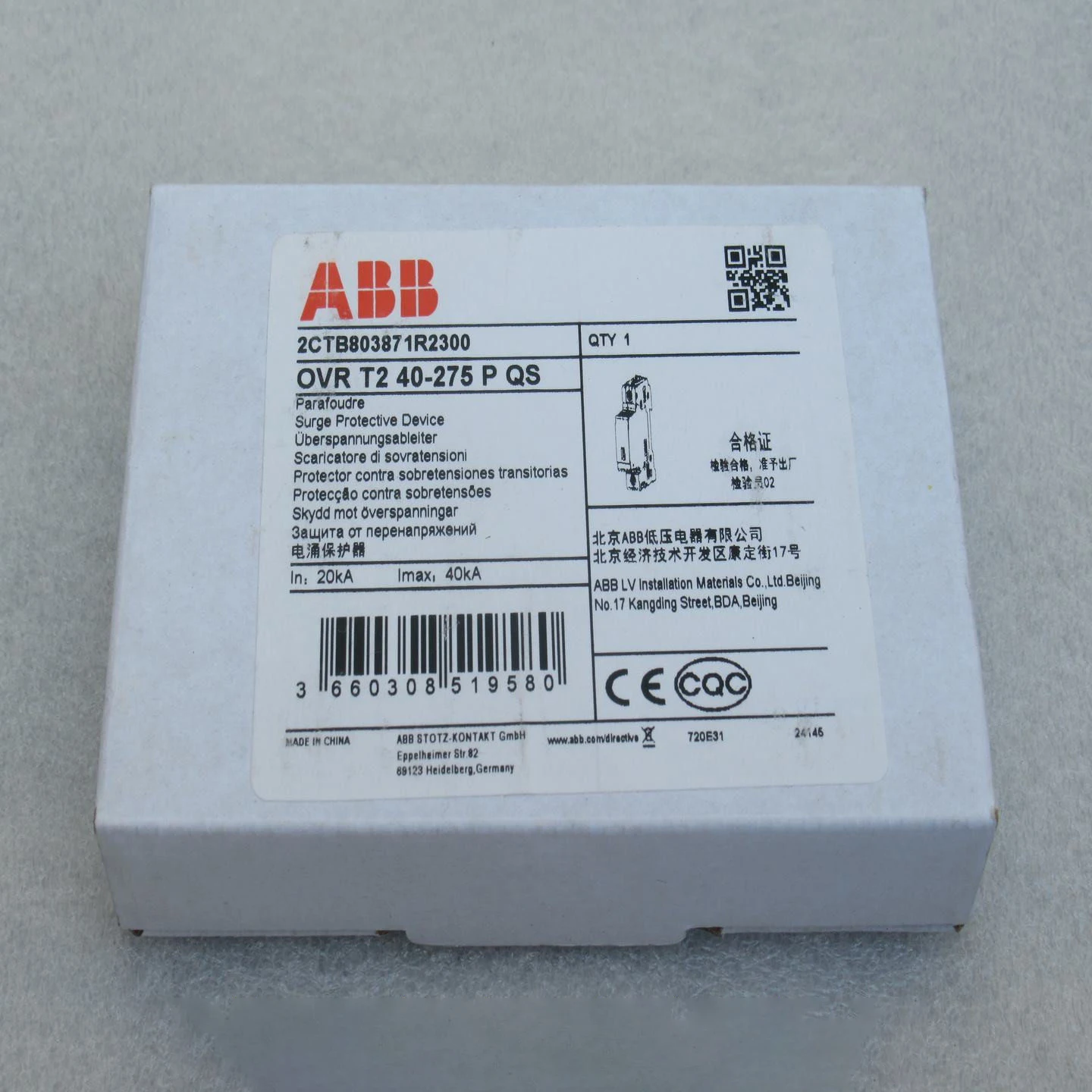 Brand New ABB Surge Protective Device, Model 2CTB803871R2300, OVR T2 40-275 P QS, In Stock