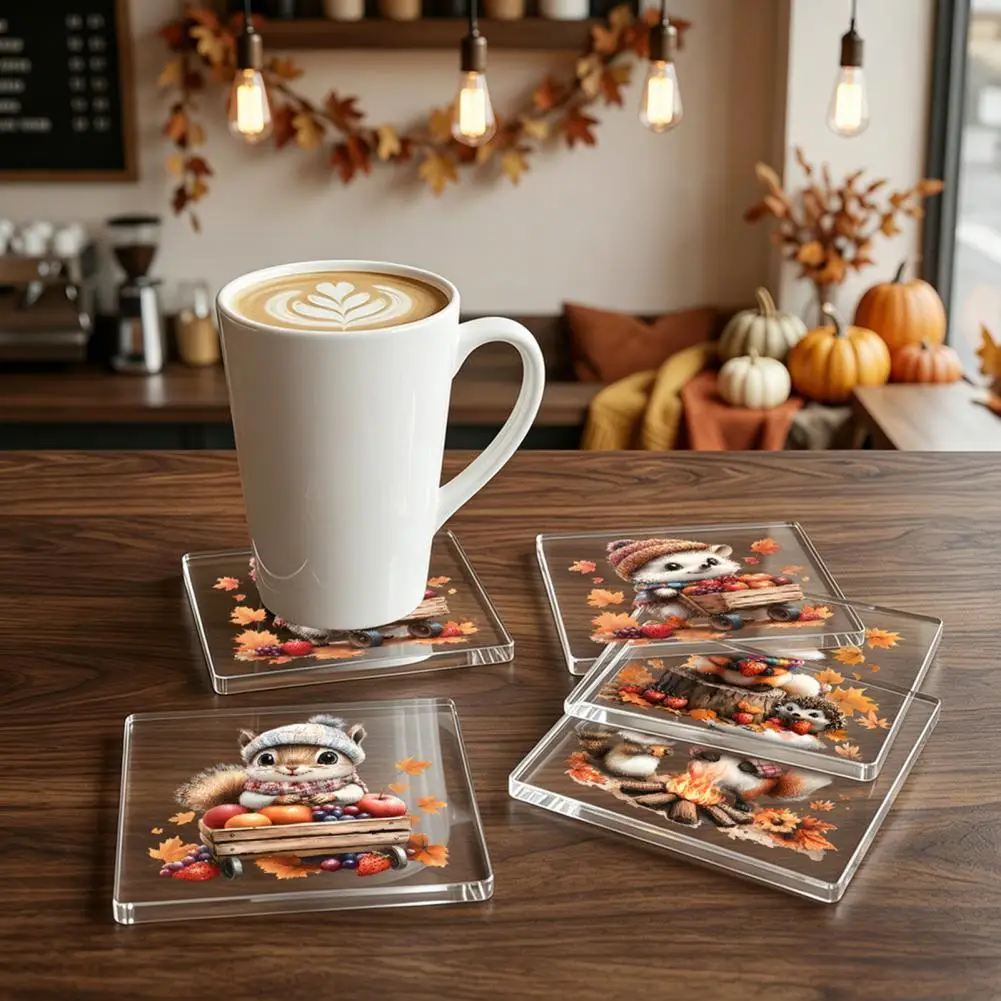 4Pcs Maple Leaf Squirrel Acrylic Coaster 2D Double Sided Reversible Cup Mat Square Heat Resistant Table Mats Home Decor