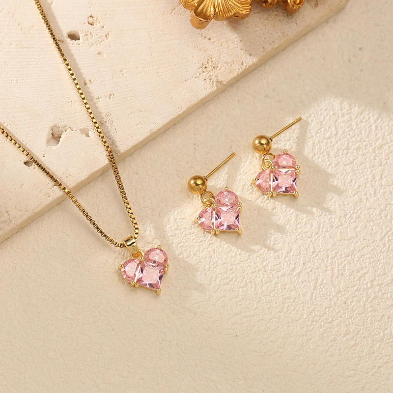 EILIECK 316L Edelstahl Funkelndes Herzförmiges Rosa Zirkonia Halsketten- und Ohrring-Set für Damen Trendiges Geschenk Luxus-Schmuckset – Detail 16