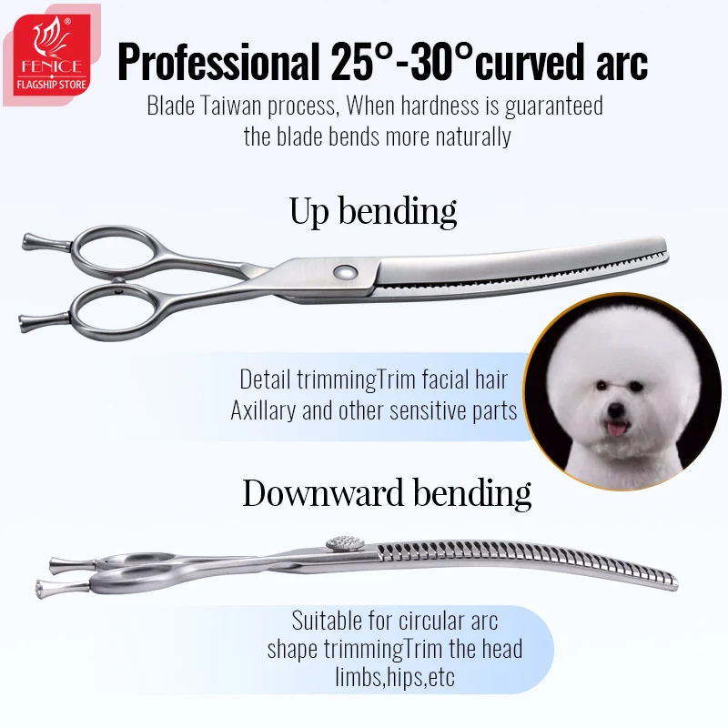 Fenice Grooming Scissors Diamond Screw 7/7.5/8 Inch Professional Curved Chunker Scissors Thinner Shears for Pet Beautician Tools