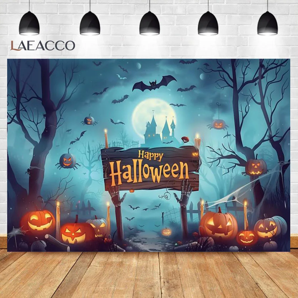 Happy Halloween Background for Photography Pumpkin Lantern Bat Castle Spooky Night Full Moon Dark Forest Birthday Party Backdrop