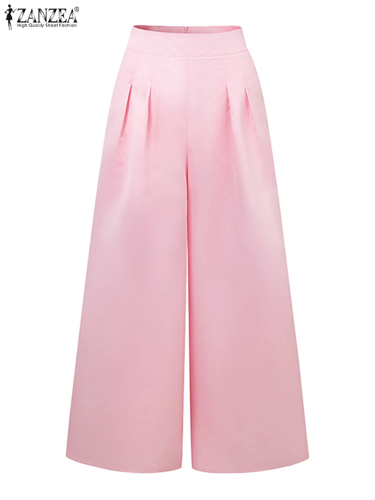 

ZANZEA, летние брюки с высокой талией, женские элегантные длинные брюки, повседневные свободные карманы, широкие брюки, 2025 г., модные атласные шелковые капри