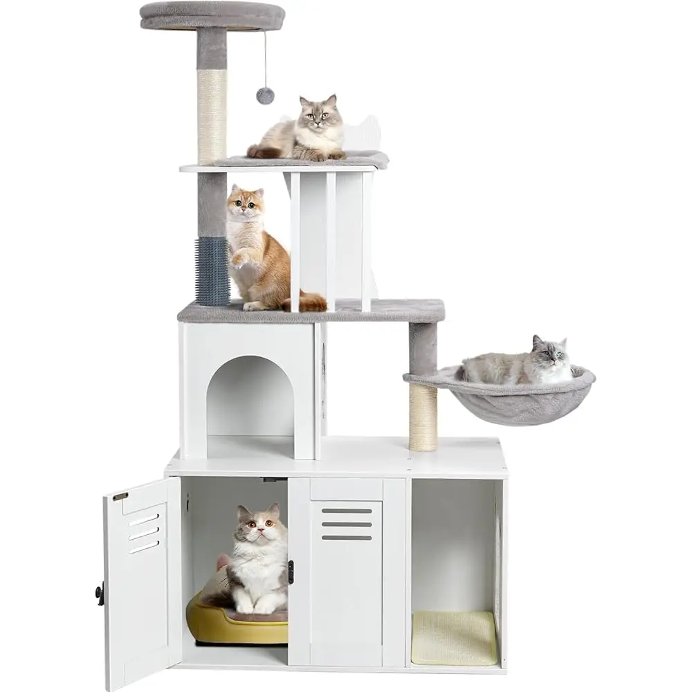 

Cat Tree With Litter Box Enclosure Furniture, 2-In-1 Modern Cat Tower, 58.66’’ Wood Cat Condo With Scratching Post And Hammock,