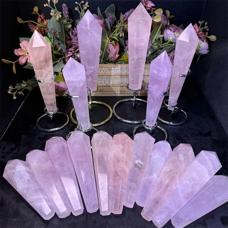 

High Quality New Product Natural Crystal Stone Rose Quartz Wand Scepter for Healing