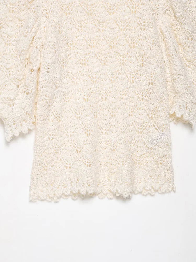 Estilo europeo y americano otoño nueva moda casual mujer delgado romántico acanalado burbuja manga corta suéter de cuello alto