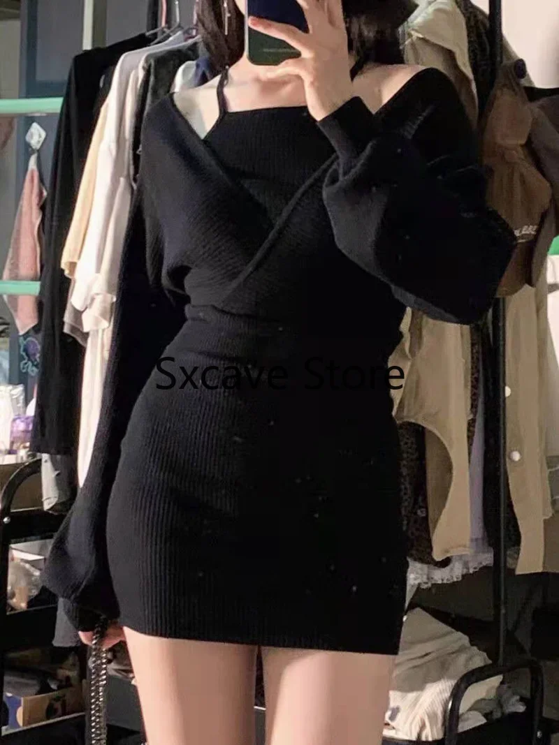 2024 Spring Casual Knitted Dress Women Long Sleeve Y2k Clothing Bodycon Black Mini Dress Office Lady Party One Piece Dress Korea