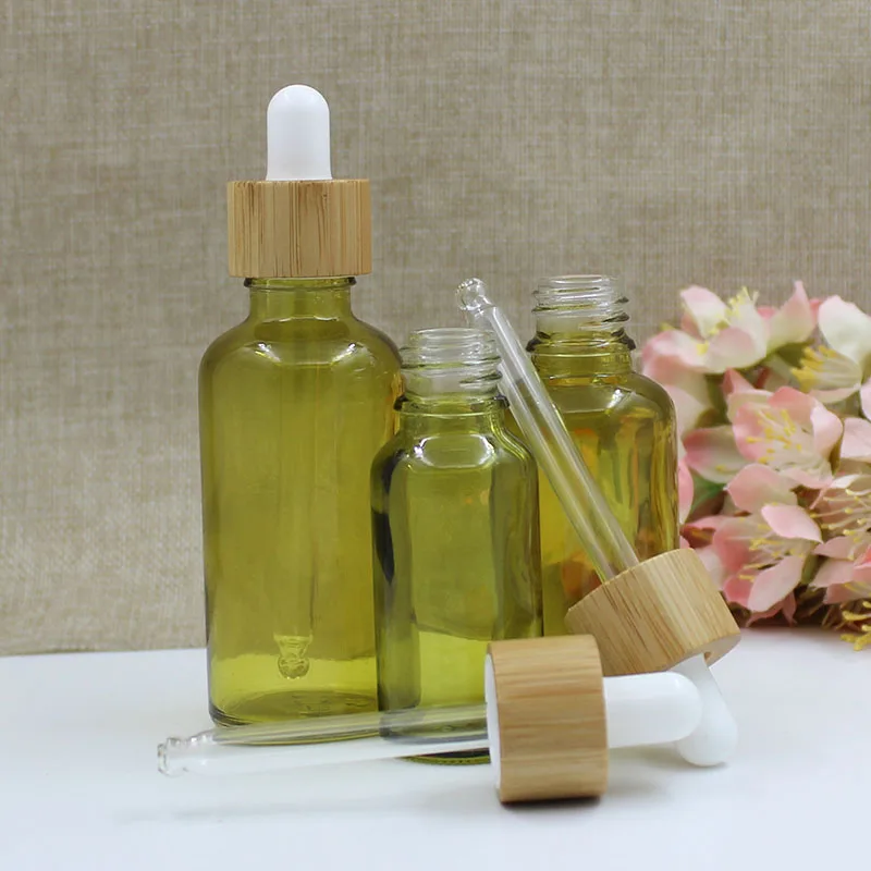 Wholesale 5 -100ml Olive-green Glass Dropper Bottles With Bamboo Lid Empty Perfume bottle Essential Oil Attar Oil Bottles