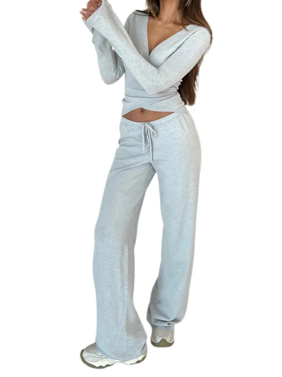 wsevypo Women 2-piece Tops Pants Sets Solid Color Long Sleeve Waist Tied Cropped T-shirt and Elastic Waist Pants Loungewear Set