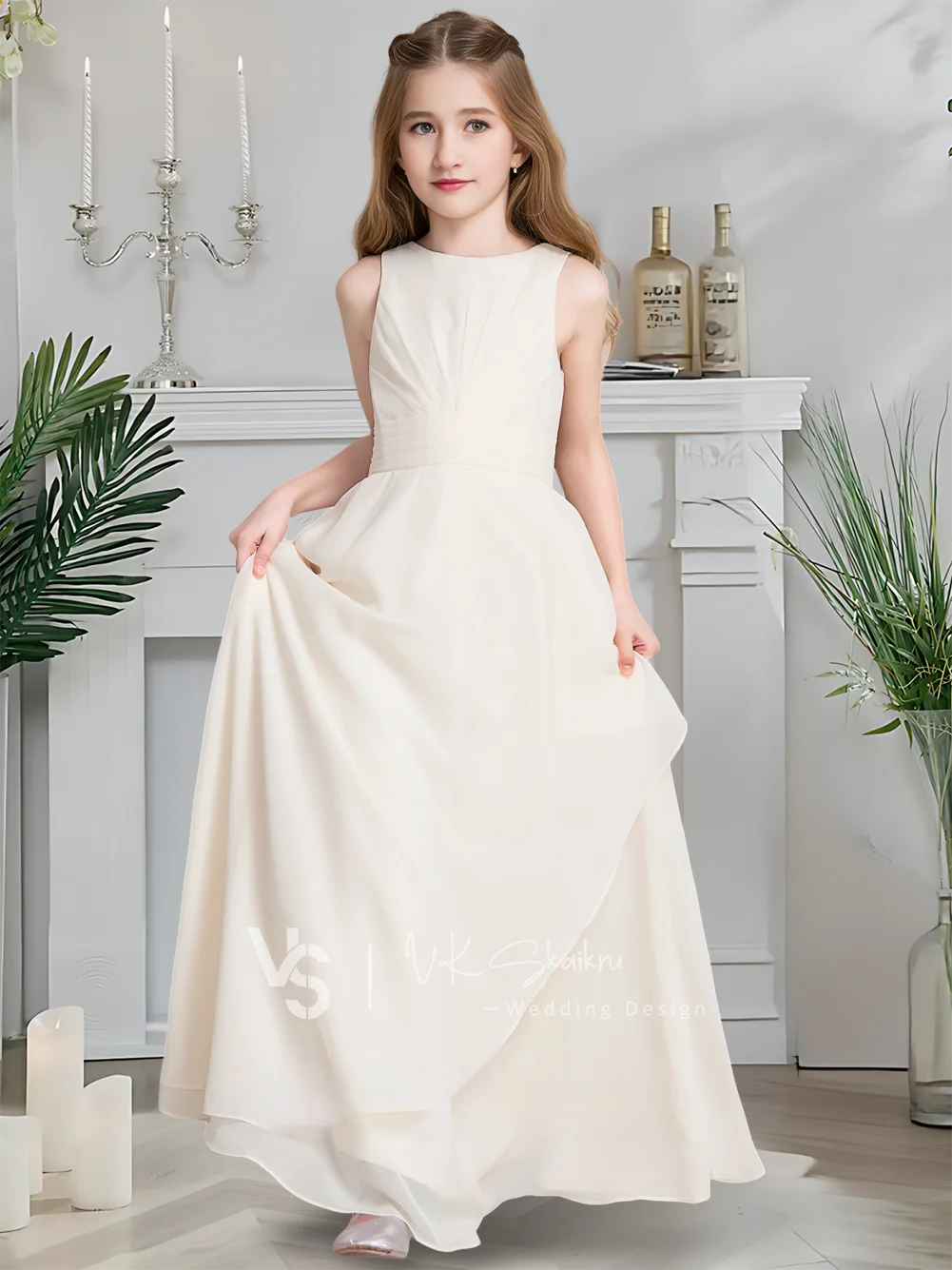 

A A-line Scoop Floor-Length Chiffon Junior Bridesmaid Dress with Cascading Ruffles Beautiful Flower Girl Dress for Wedding