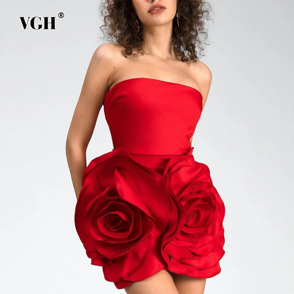 VGH Solid Patchwork Appliques Slimming Backless Dress For Women Strapless Sleeveless High Waist Temperament Mini Dresses Female