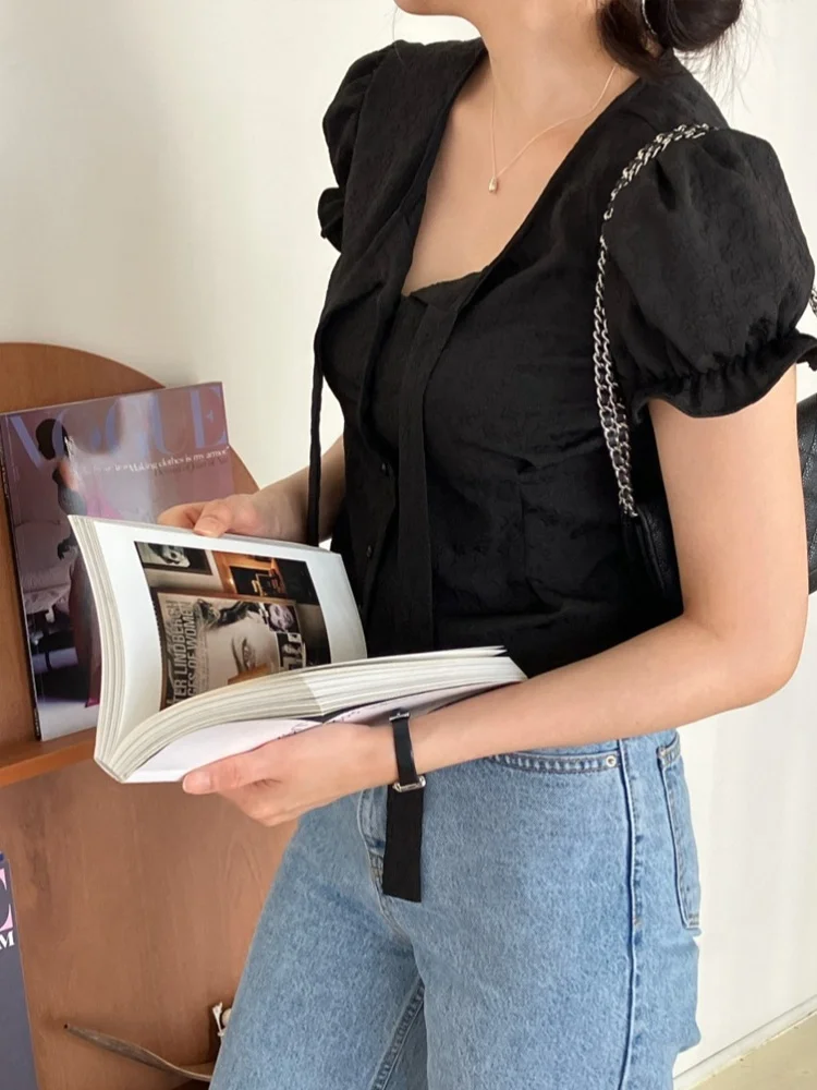 

White ort Bubble Sve irt Women's Summer New Sle Single Button irt Small Size Korean Sle Commute Wind Blouse