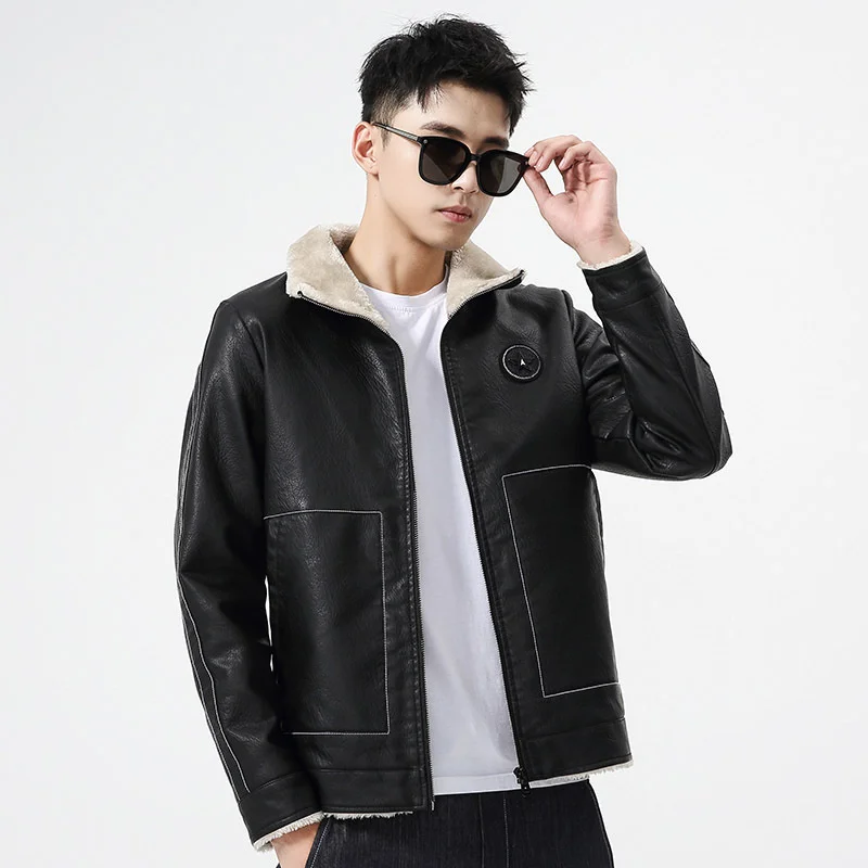 Men's PU Leather Jacket Male Winter Thick Fleece Coats Turn-down Collar Fur Lined Single Breasted Overcoat Coat