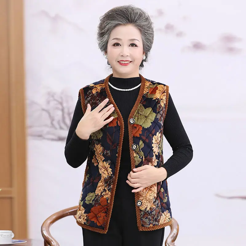 5XL Middle-aged Mother Vest Autumn Winter New Printed Fleece Vest Coat Female Sleeveless Jacket Grandma Thicken Warm Waistcoat