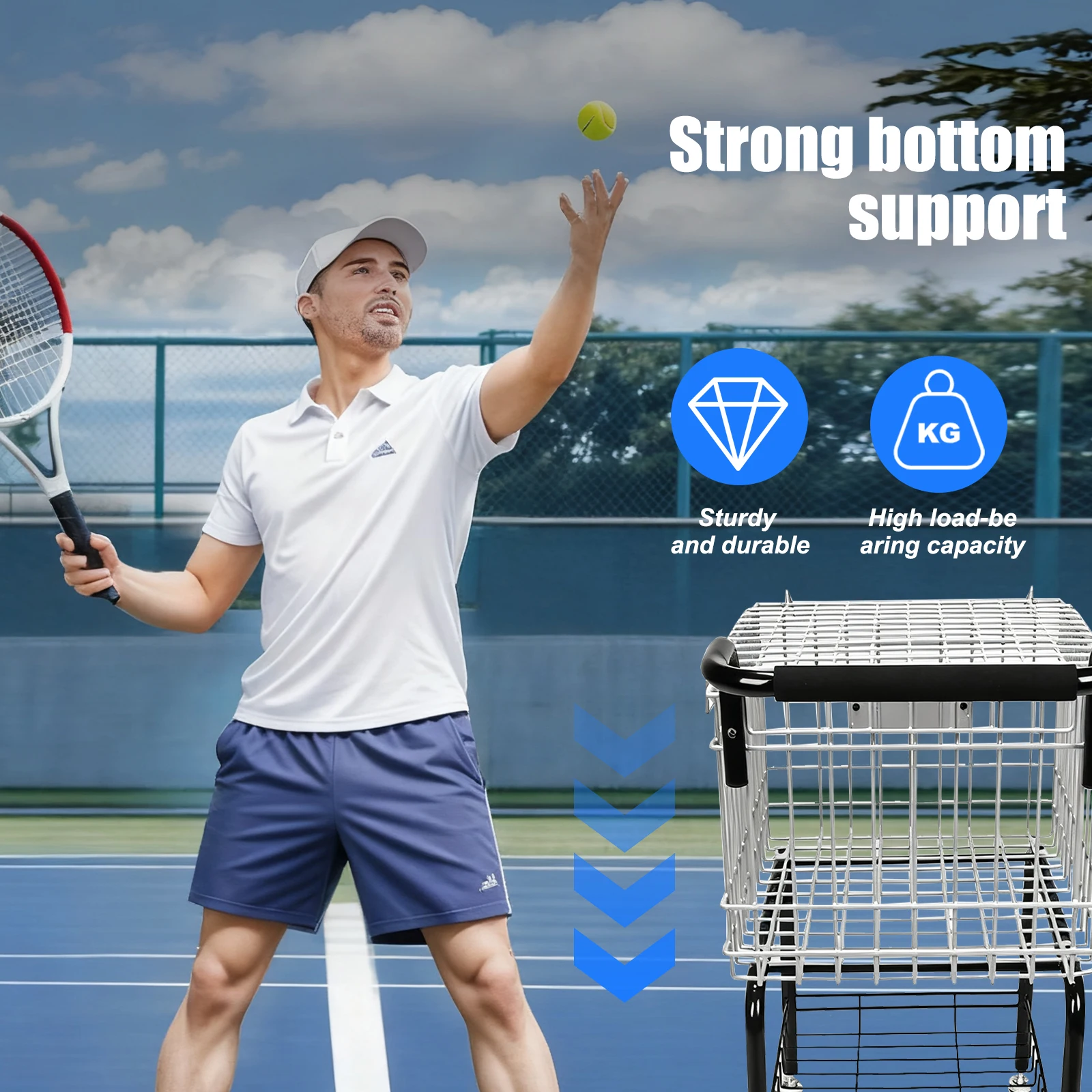 

Training Ball Pickup Basket Holds 350 Balls with Easy Load Portable Steel Ball Trolley for Tennis/Pickleball/Baseball/Softball