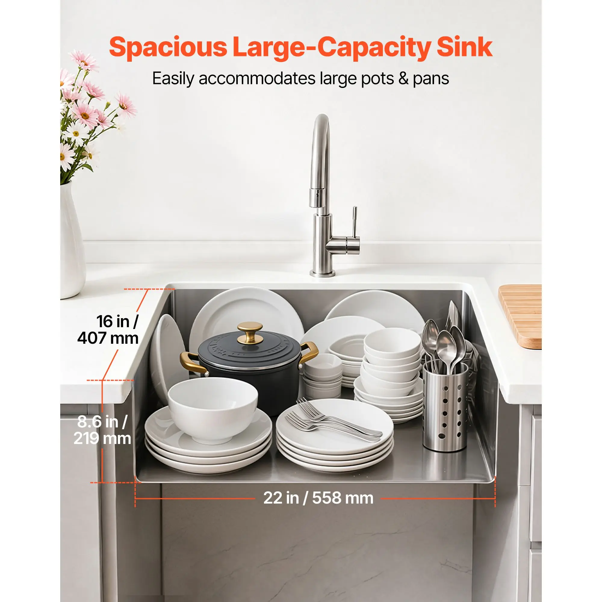 24-inch Kitchen Undermount Single Bowl Sinks, Stainless Steel Drop-In Farmhouse Basin with Accessories, Household Dishwasher