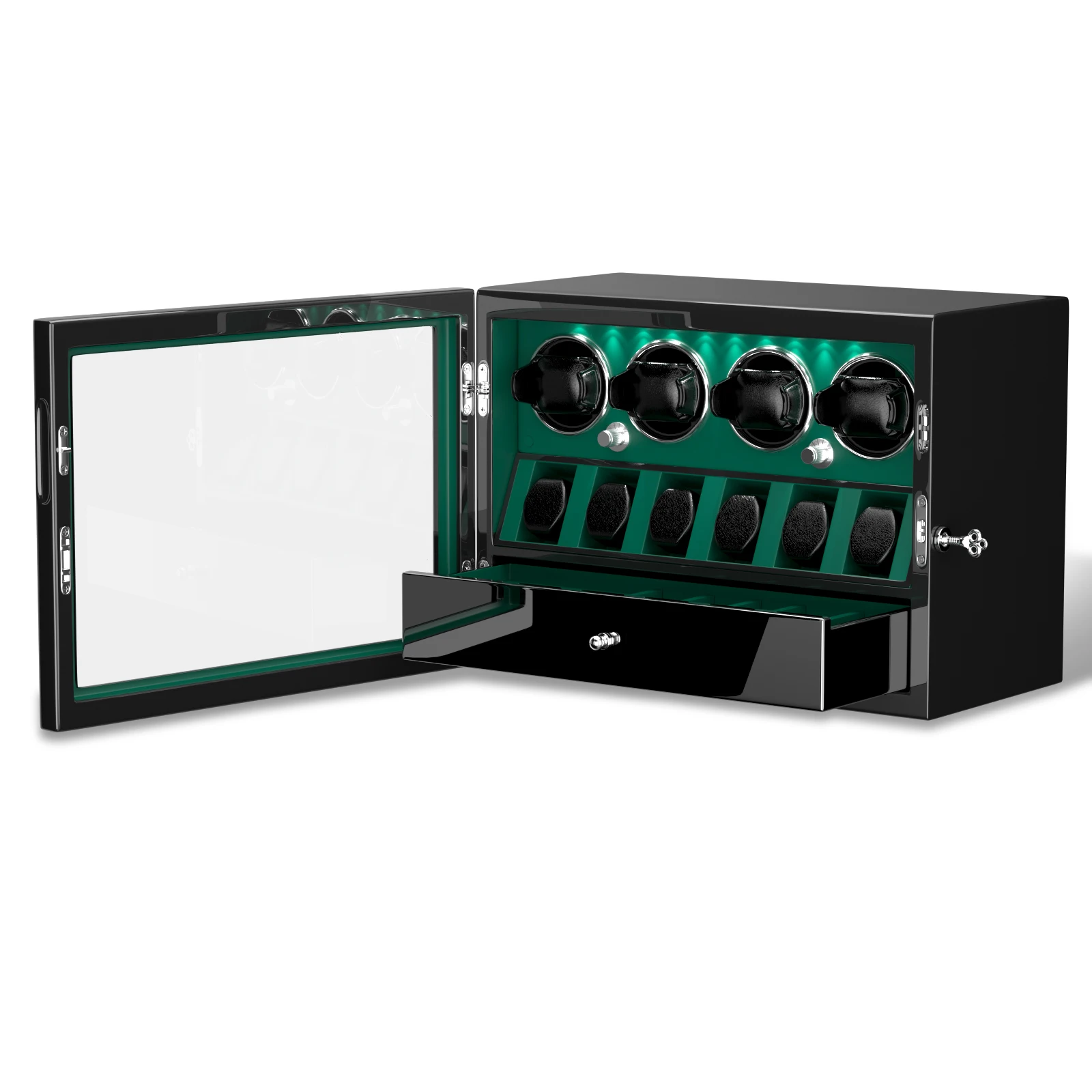 Winder jam tangan otomatis, Winder jam tangan otomatis, Slot 2/4/6/8 dengan kotak penyimpanan ekstra, lampu LED, Motor Mabuchi sunyi