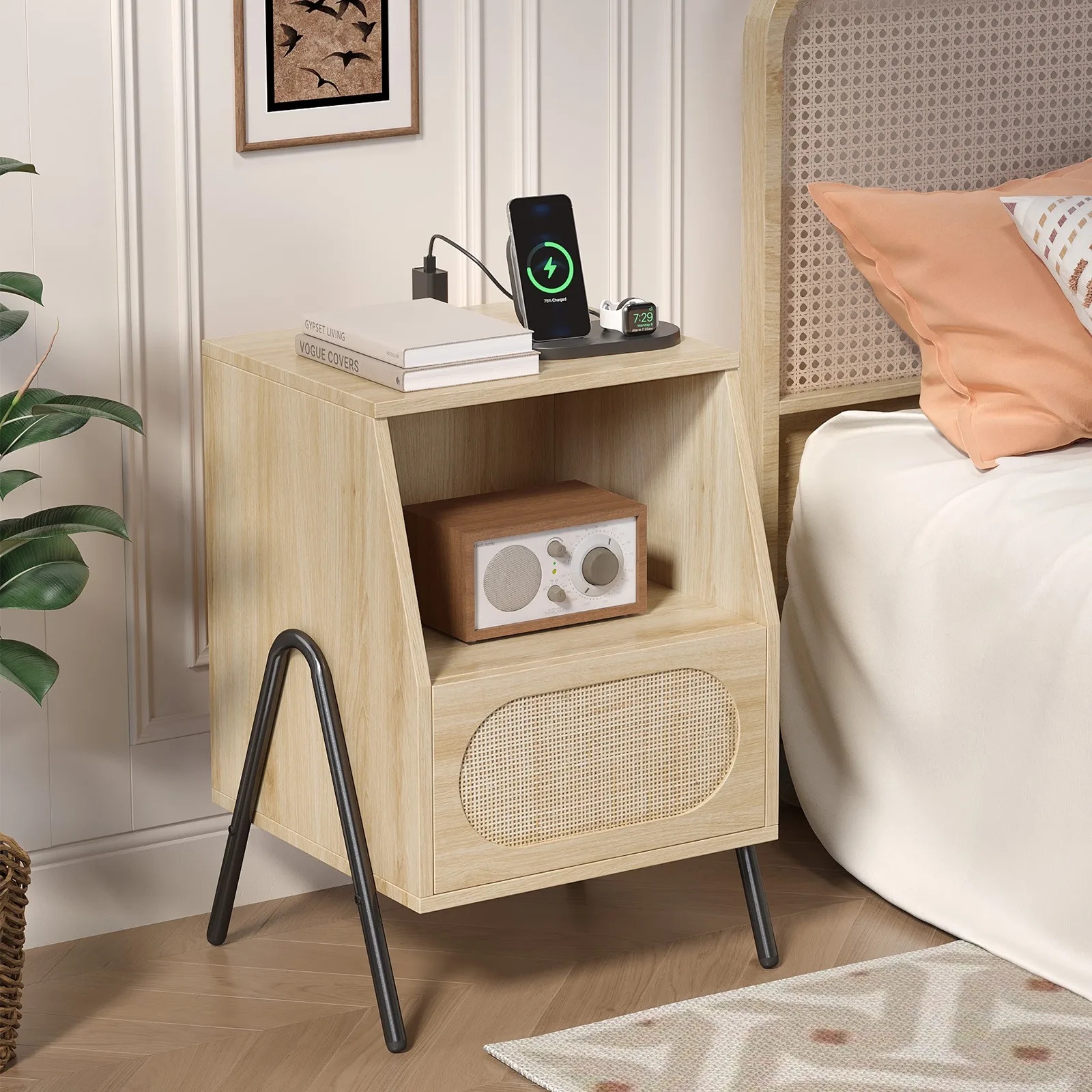 

Rattan Nightstand Modern Boho Farmhouse Wood Bedside Table with Storage Drawer