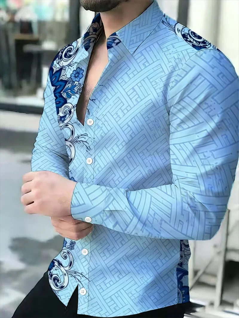 New men's high-end gold thread geometric long sleeved shirt, business commuting banquet slim fit lapel casual shirt