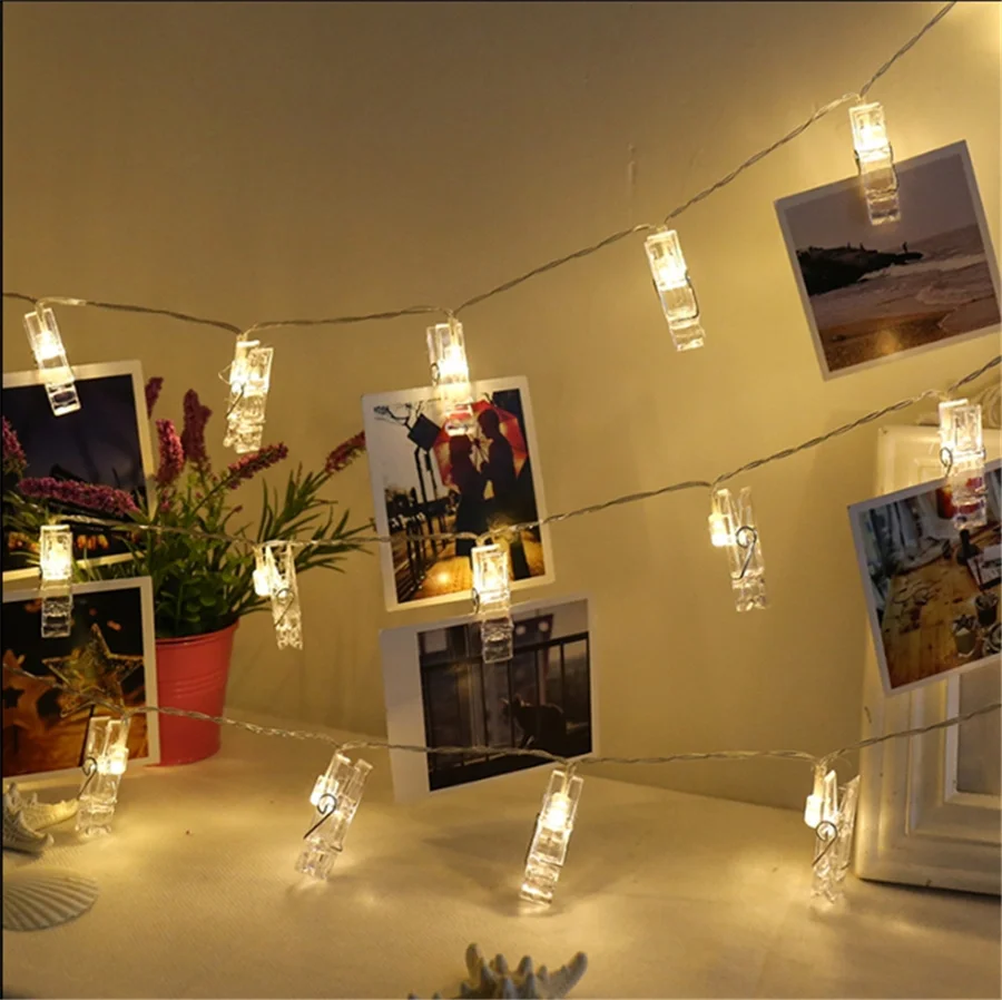 Bateria/USB Powered LED Photo Clip Holder Fairy String Lights Natal Garland Lights para Birthday Party Wedding Holiday Decor