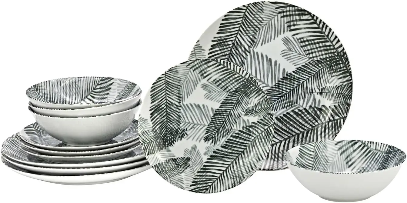 طقم أواني الطعام، أطباق العشاء، أطباق السلطة، وأطباق الحساء الصقيل طباعة فيليس - طقم 12 قطعة