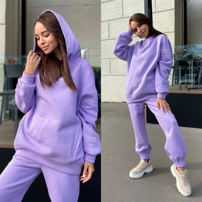 Faionable  Color Hoodie Sweatirt Casual Two-Piece Set Street Sle High Waist Dr Thi Long Sve for Autumn Winter