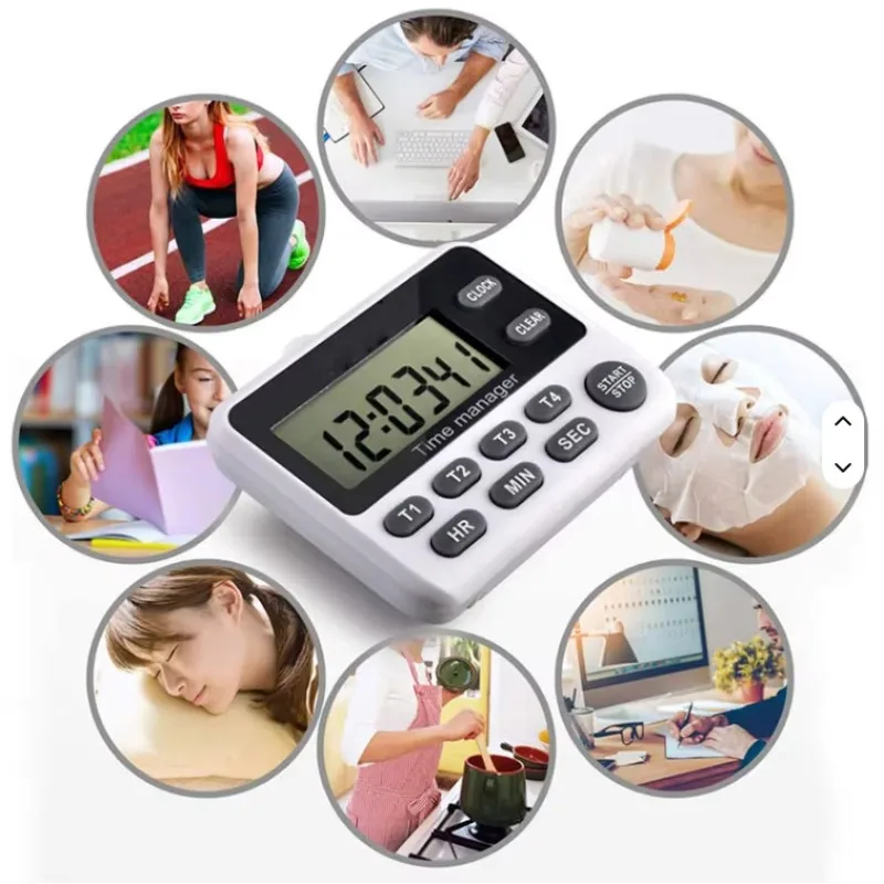 digital timer with alarm clock 4 channels for use in kitchen laboratory classrooms with measuring and analytical instruments