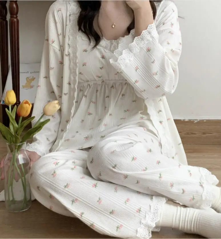 New Lace Pink Cotton Maternity Nursing Sleepwear Elegant Loose Pajamas Suit for Pregnancy Pregnant women breastfeeding pajamas