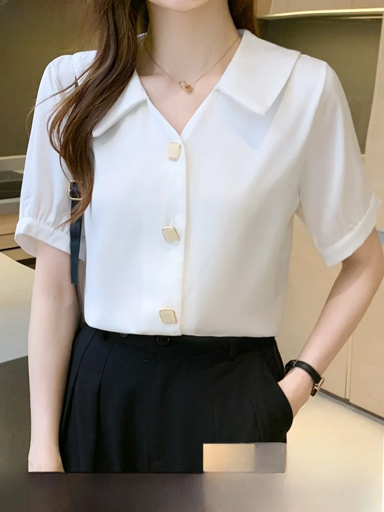 

Fashionable Short Sleeve Women's Chiffon Shirt Korean Style Straight Cut V-Neck Casual Top Elegant Summer Spring Autumn