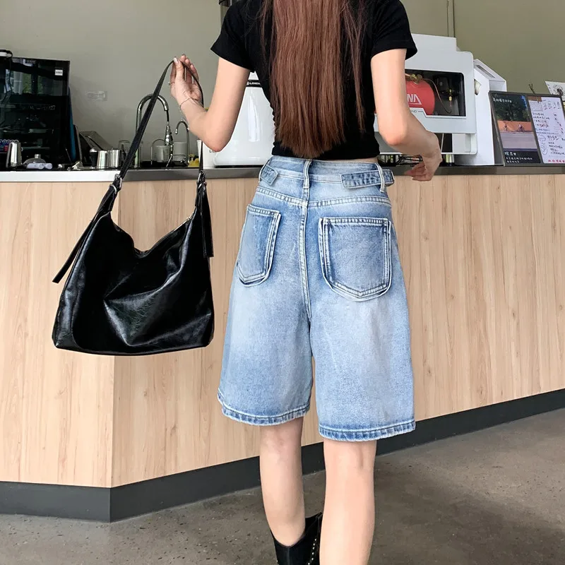 Pantaloncini di jeans dritti al ginocchio con foro vintage allentato casual Donna Pantaloni corti larghi in denim larghi a vita alta moda coreana Mujer