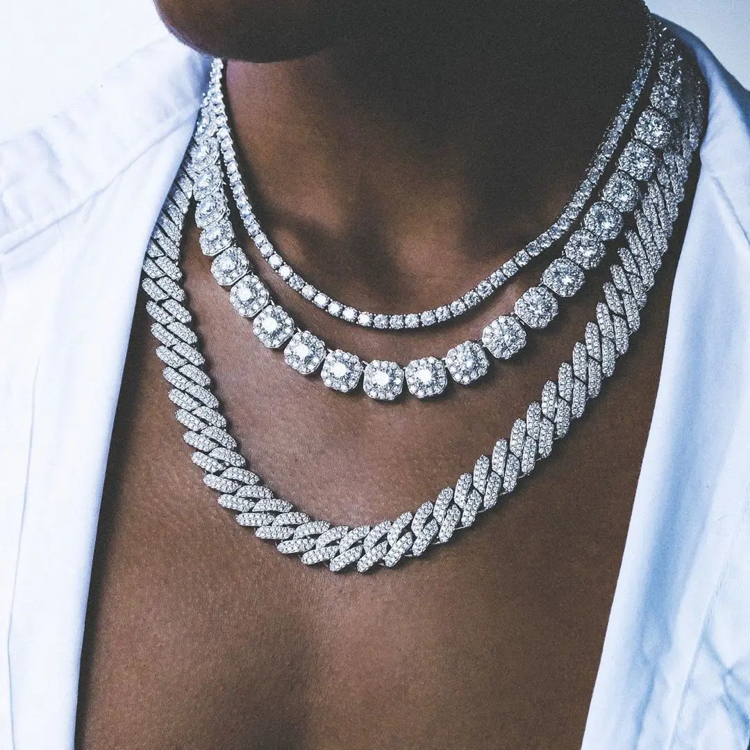 

High Quality 5A Clear Square Cz Paved Hip Hop Cluster Link Tennis Chain Necklace For Men Boy Necklace Party Birthday Gift