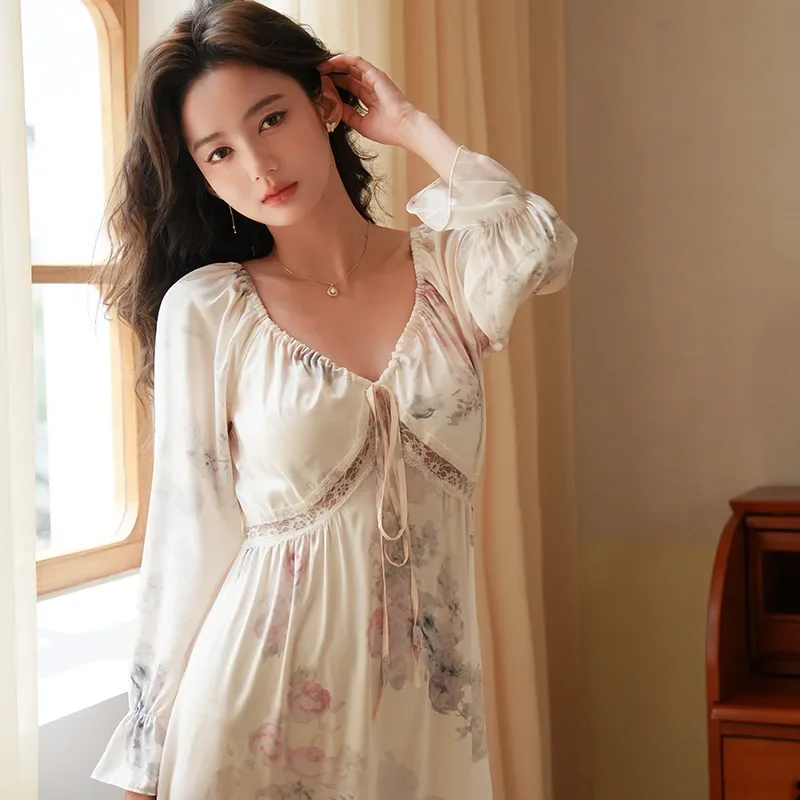 QWEEK Satin Long One-piece Dress Gown Designer Clothes Women Luxury Sleepwear Summer Elegant Victorian Style Nightie