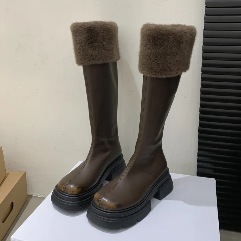

Retro Brown Soft Leather Knee-High Boots Women Winter Warm Fluffy Cotton Boots Comfortable Waterproof Non-Slip Platform Boots