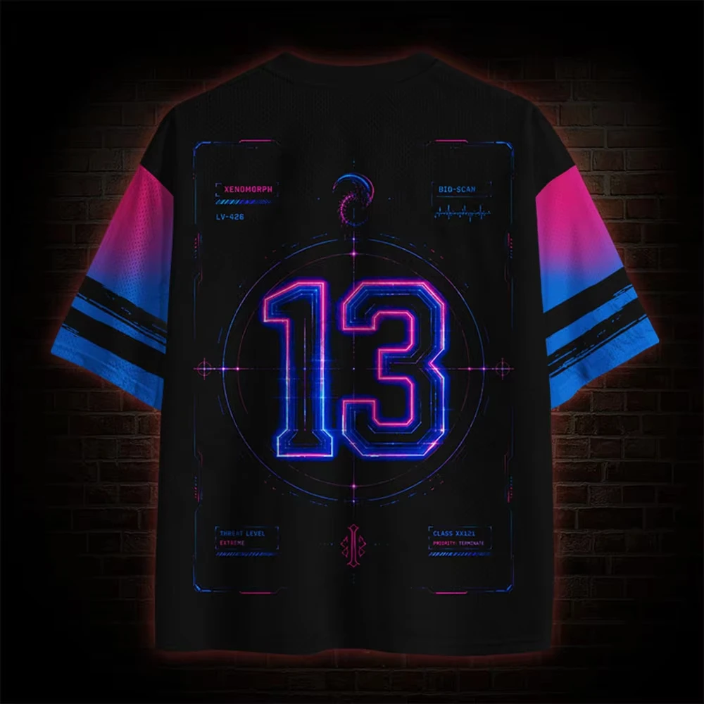 Neon Sci-fi Alien Monster Graphic Mesh Jersey V‑Neck Short Sleeve Loose Sports Top Men Women Streetwear Casual Tee