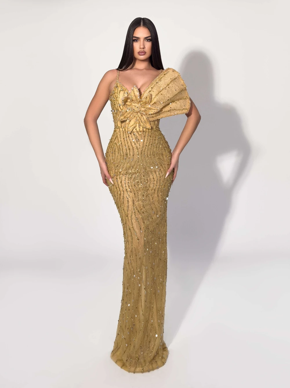 Gold Stunning Bodycon Evening Dress Shiny Chic 3D Flower Customized Prom Gown Formal Sexy Sleeveless Party Cocktail Wear
