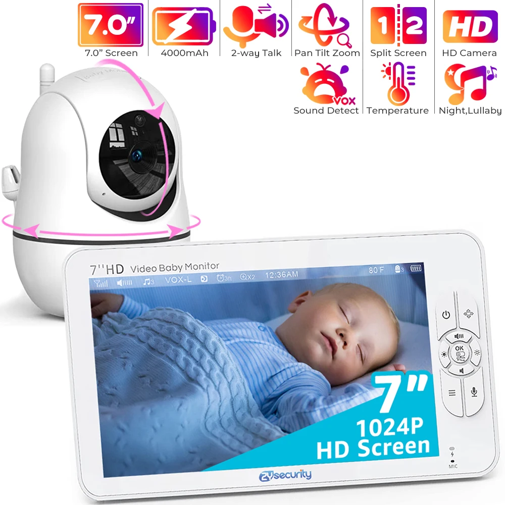 

7" 720P HD Video Baby Monitor with Camera and Audio No WiFi 4000mAh Battery VOX Mode Auto Night Vision PTZ Baby Camera Monitor