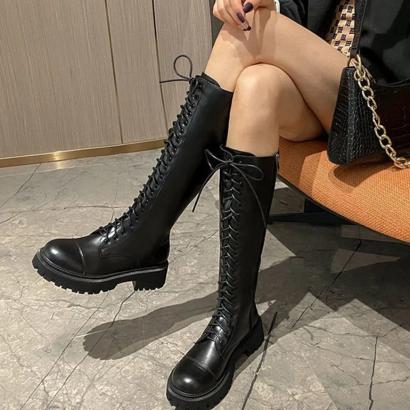 

【2025 New】Knee High Boots For Petite Women Platform Riding Boots Slim Fit Wide Calf Stretch Chunky Heel Tall Boots For Thick Leg