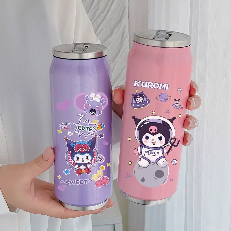 New style anime kawaii Sanrio Kuromi creative stainless steel thermos cup with good looks, drink straw bottle, toy girl gift